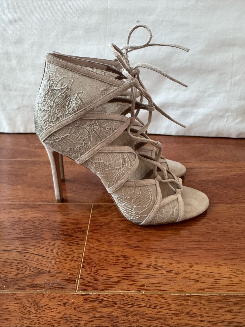 Pour La Victoire Lace-Up Heeled Sandals in Taupe